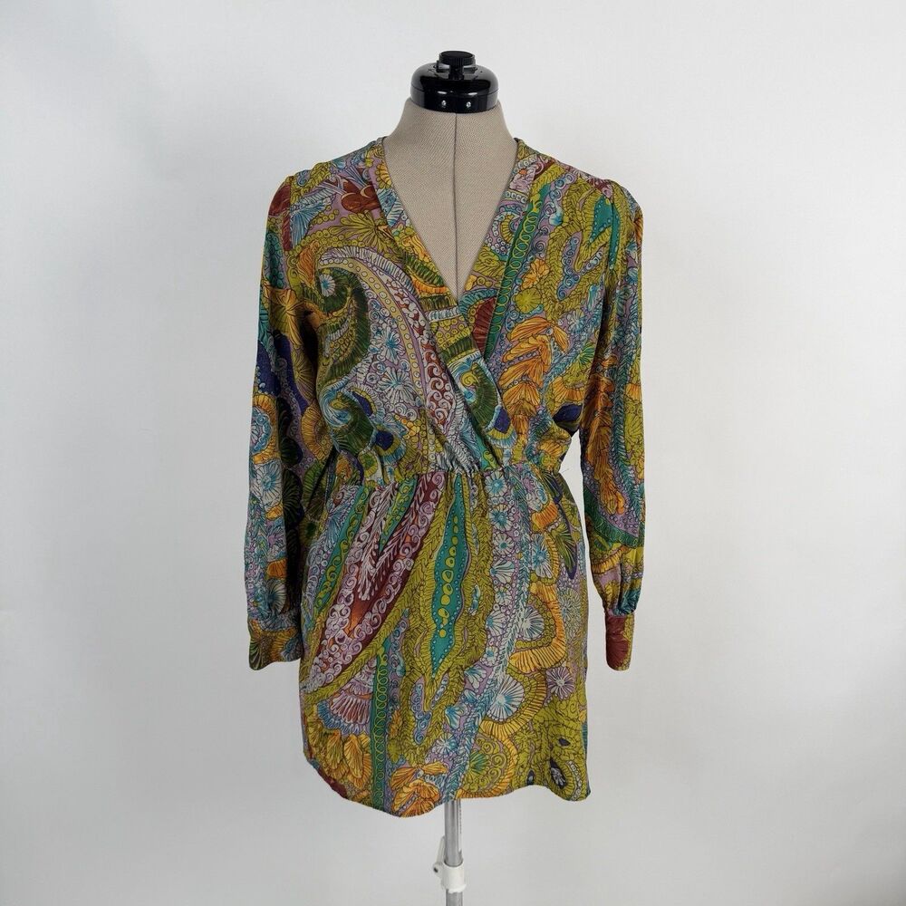 Bianca Coletti Wrap Style Silk  Mini Dress S Paisley Multi Boho Chic Long Sleeve